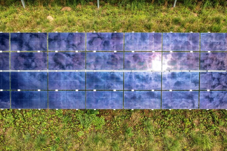 Top view of sustainable energy solar panels on a grassy field in Minnesota.